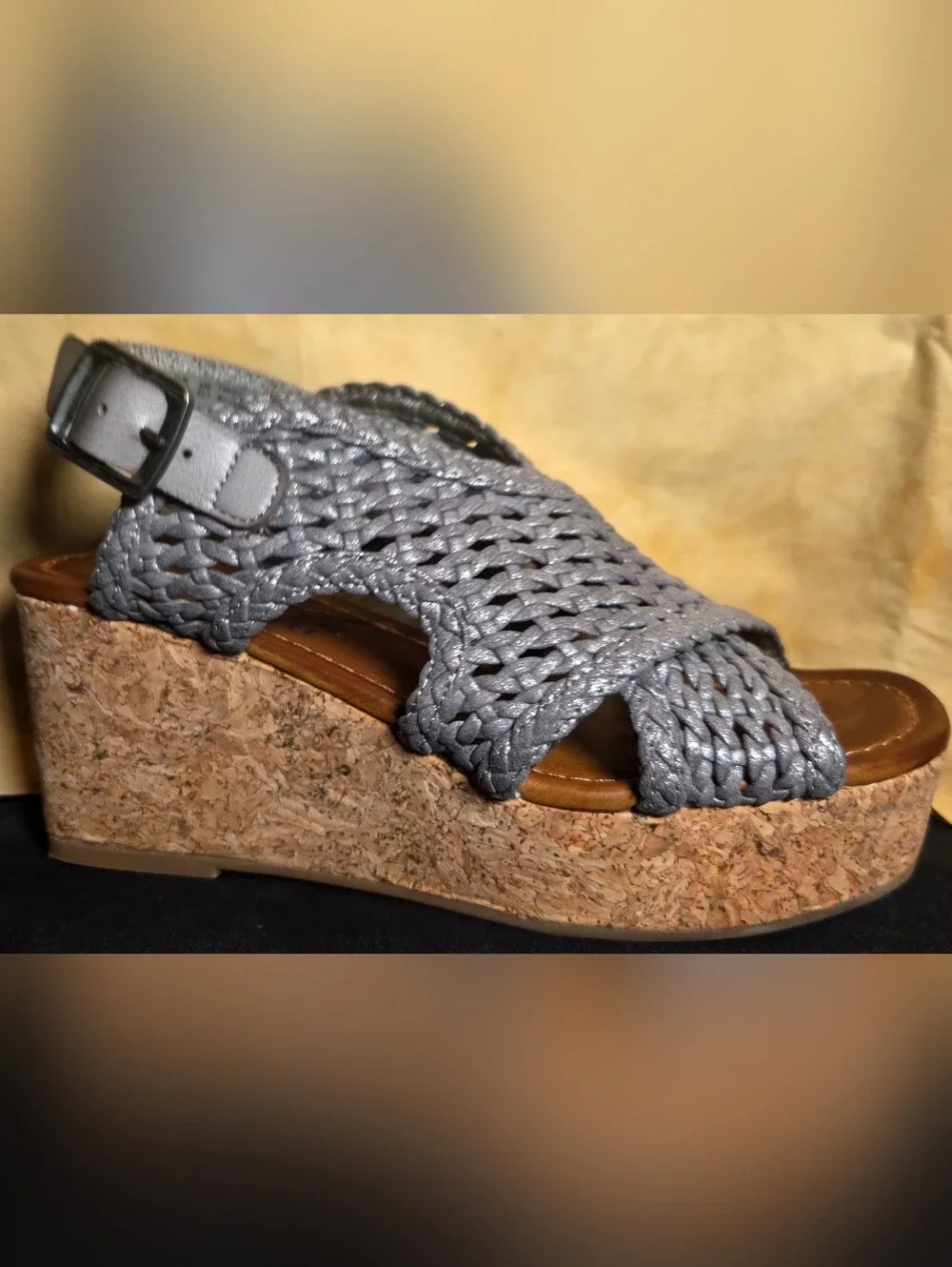 Blowfish Malibu Woven Cork Wedge Platform Sandals Metallic Pewter 6.5M